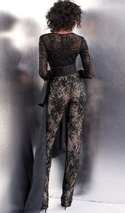 Jovani - Embellished Long Sleeve Deep V-neck Jumpsuit 64068 - 1 pc Black In Size 8 Available CCSALE 8 / Black
