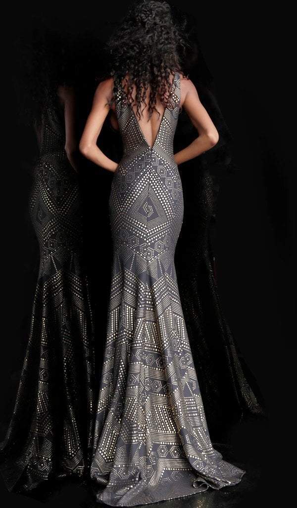 Jovani - Embellished Plunging V-neck Mermaid Evening Gown 67844 - 1 pc Ivory/Gold In Size 12 Available CCSALE 12 / Ivory/Gold
