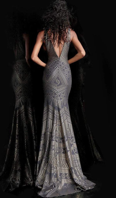 Jovani - Embellished Plunging V-neck Mermaid Evening Gown 67844 - 1 pc Ivory/Gold In Size 12 Available CCSALE 12 / Ivory/Gold
