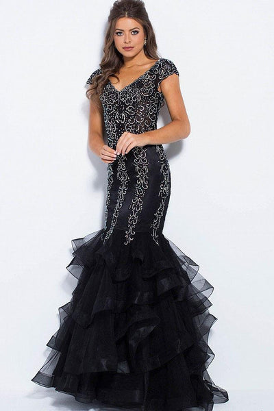 Jovani - Embellished Wide V-neck Tiered Mermaid Dress JVN55878 - 2 pcs Black In Size 14 and 16 Available CCSALE 12 / Black