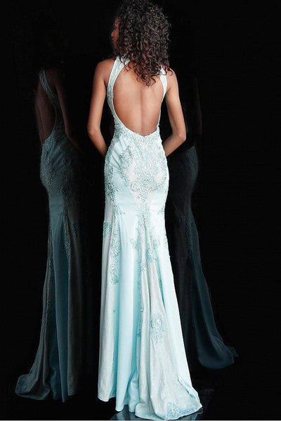 Jovani - Fitted Beaded Lace Halter Evening Dress JVN55869SC - 1 pc Charcoal In Size 2, 1 pc Light-Blue in size 10 Available CCSALE