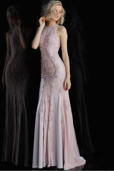 Jovani - Fitted Beaded Lace Halter Evening Dress JVN55869SC CCSALE 6 / Blush