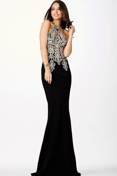 Jovani - Fitted Halter Lace Evening Dress JVN33691 - 1 pc Black In Size 14 Available CCSALE 2 / Black