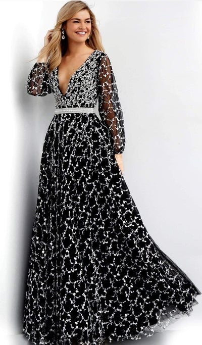 Jovani - Floral Embroidered A-Line Gown 60421 - 1 pc Black In Size 20 Available CCSALE 20 / Black