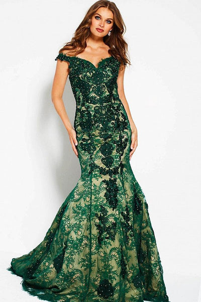 Jovani - Floral Embroidered Off Shoulder Mermaid Gown 54418 CCSALE 4 / Green/Nude