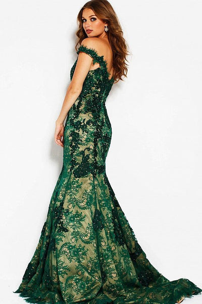 Jovani - Floral Embroidered Off Shoulder Mermaid Gown 54418 CCSALE 4 / Green/Nude