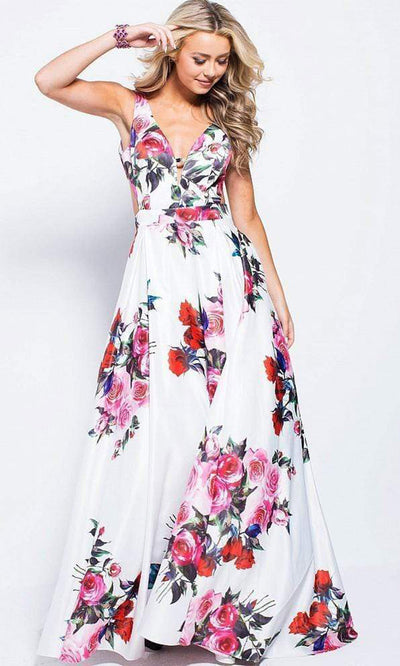 Jovani - Floral V-neck A-line Evening Gown JVN59146 CCSALE 12 / White/Multi-Color