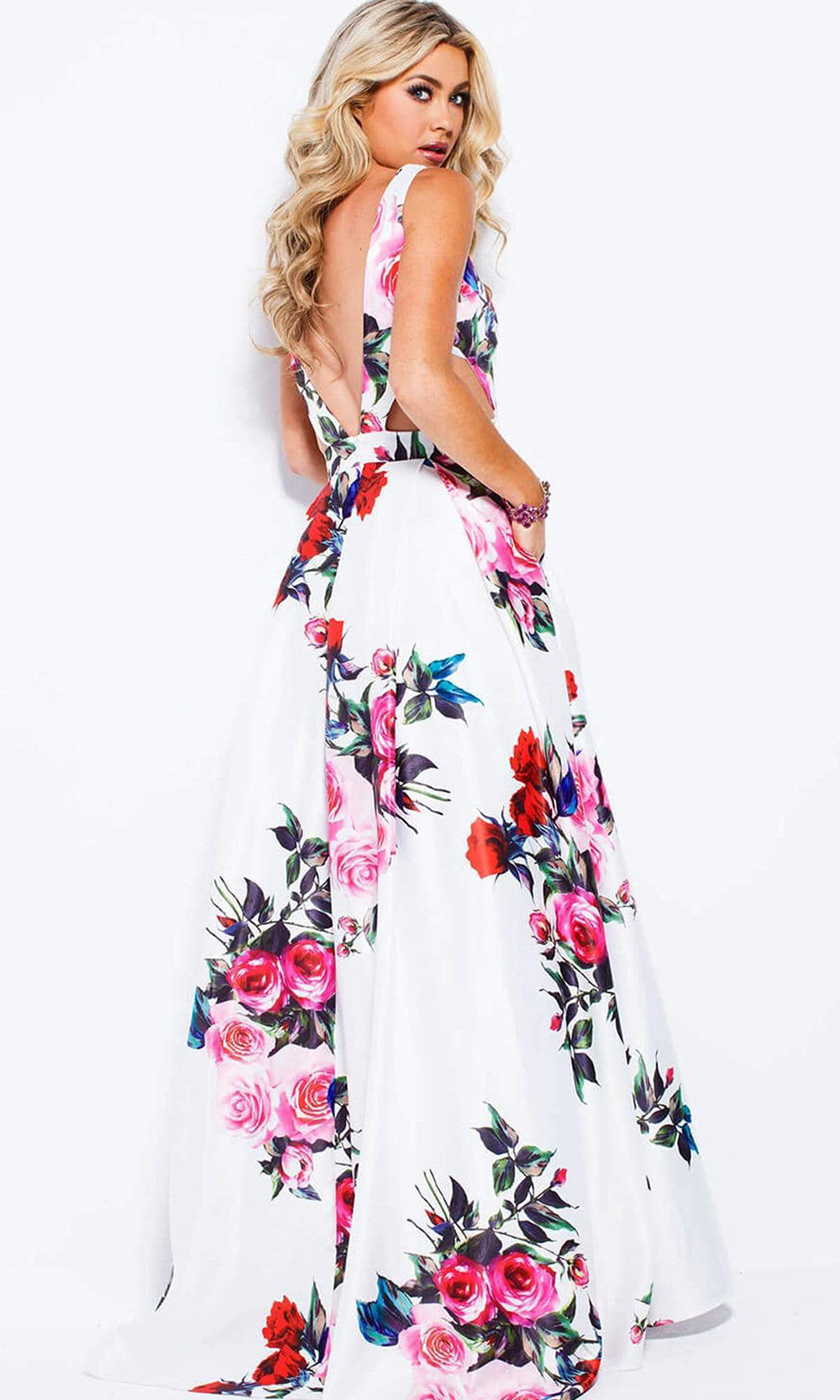Jovani - Floral V-neck A-line Evening Gown JVN59146 CCSALE 12 / White/Multi-Color