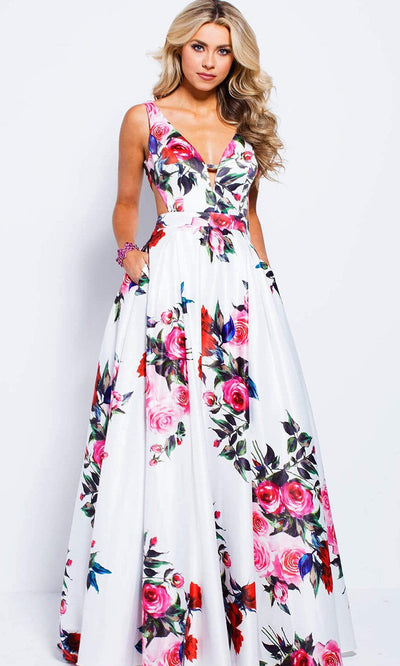 Jovani - Floral V-neck A-line Evening Gown JVN59146 CCSALE 12 / White/Multi-Color