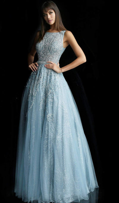 Jovani - Foliage Embellished Bateau Ballgown 62147 - 1 pc Light Blue In Size 12 Available CCSALE 12 / Light Blue