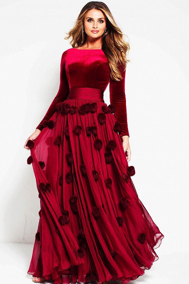 Jovani Fur Poms Bateau Long Sleeves Evening Gown 48730 - 1 pc Burgundy In Size 8 Available CCSALE 8 / Burgundy