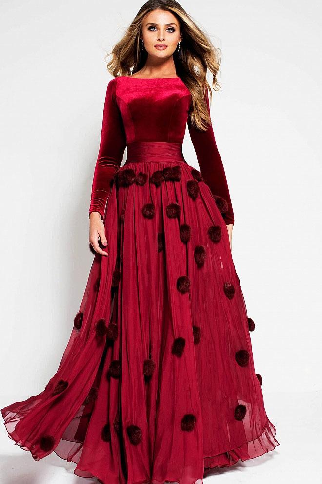 Jovani Fur Poms Bateau Long Sleeves Evening Gown 48730 - 1 pc Burgundy In Size 8 Available CCSALE 8 / Burgundy