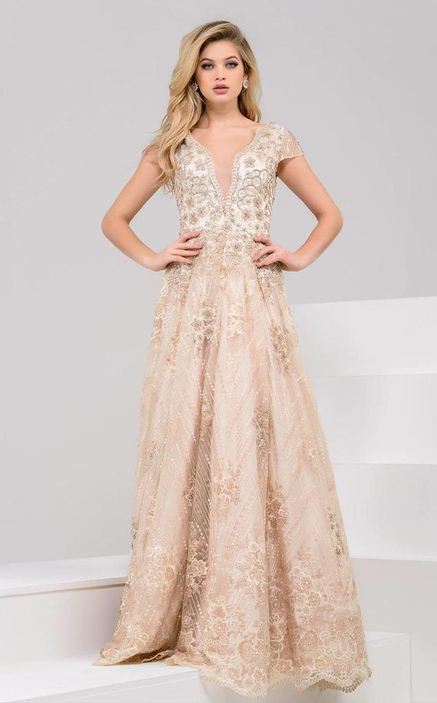Jovani Gilded Lace Illusion V-Neck Evening Gown 48943 CCSALE 14 / Gold