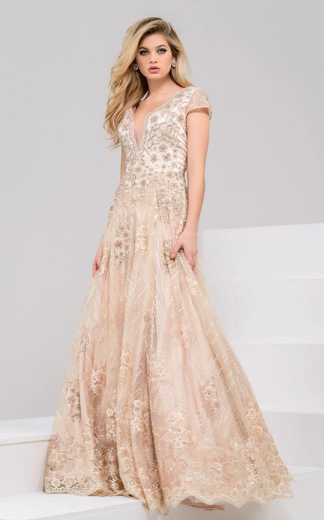 Jovani Gilded Lace Illusion V-Neck Evening Gown 48943 CCSALE 14 / Gold