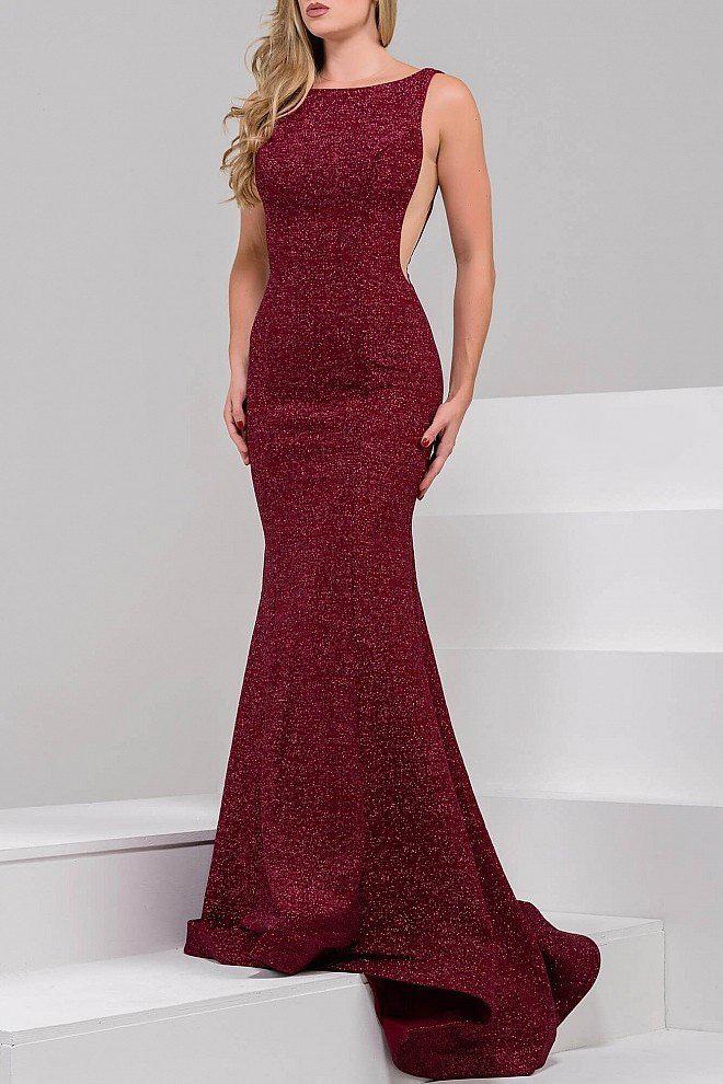 Jovani - Glamorous Low Back Prom Dress 45830 Special Occasion Dress 00 / Wine