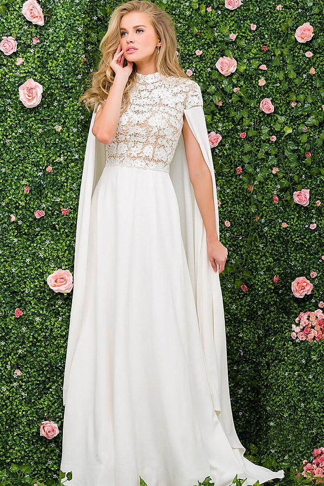 Jovani High Neck Cape Sleeves Lace A-line Evening Dress 46744 - 1 pc Ivory In Size 4 Available CCSALE 4 / Ivory