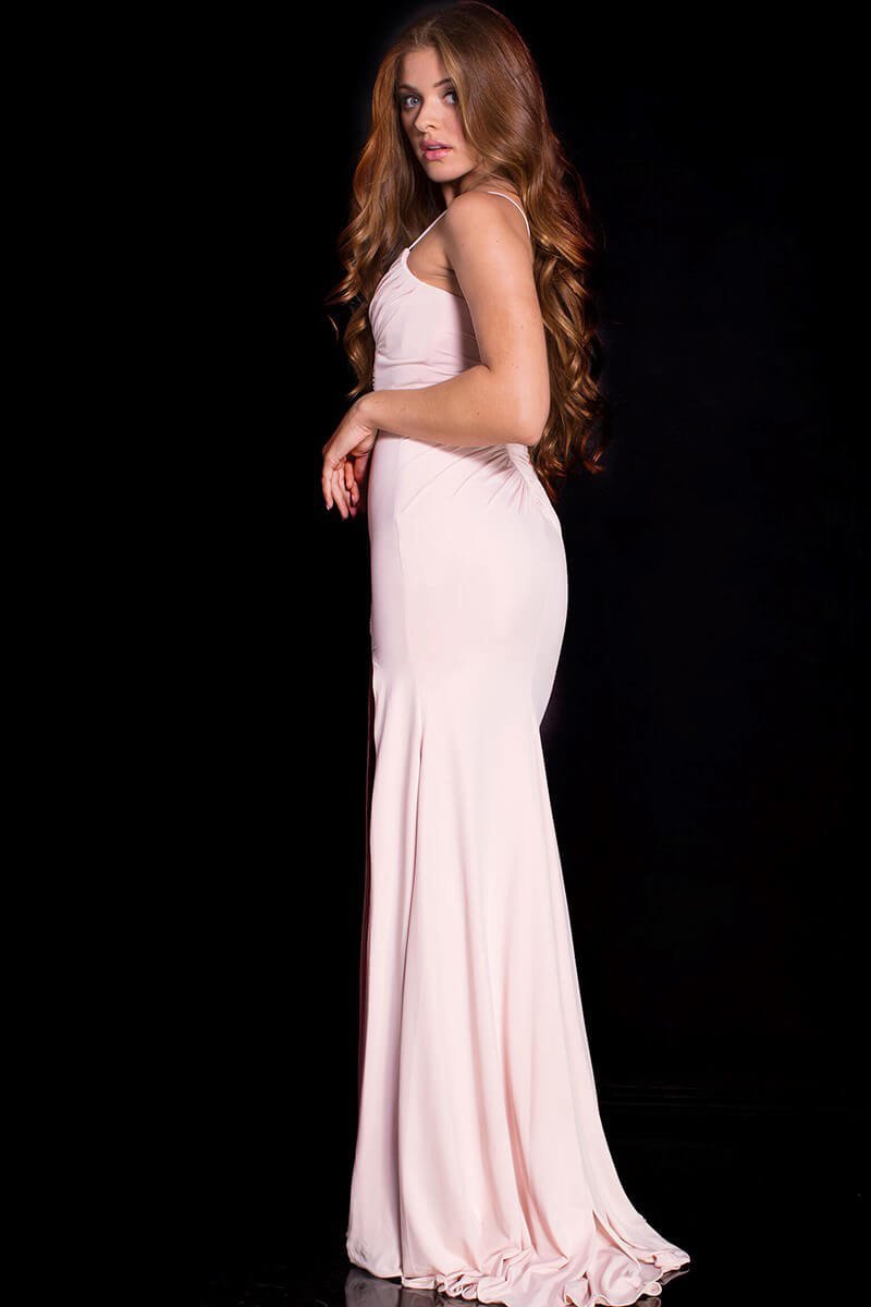 Jovani - Ruched V-Neck Jersey Evening Gown with Slit JVN51553 in Pink