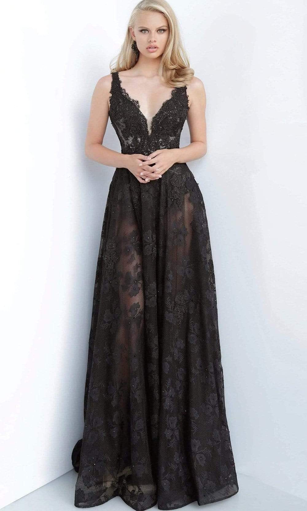 Jovani - Plunging V-Neck Lace Embroidered Gown JVN00877SC In Black