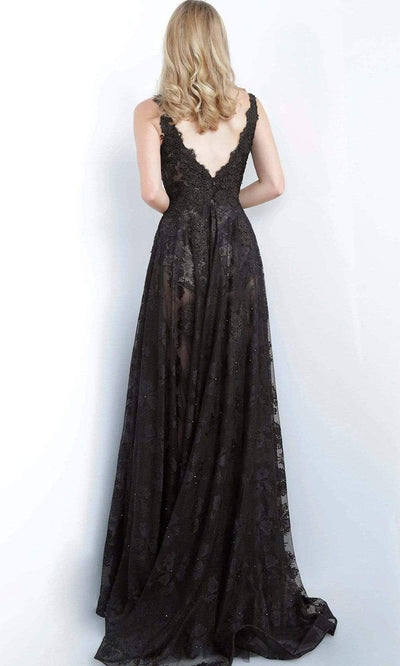 Jovani - Plunging V-Neck Lace Embroidered Gown JVN00877SC In Black