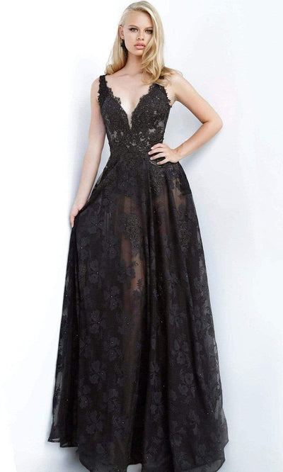 Jovani - Plunging V-Neck Lace Embroidered Gown JVN00877SC In Black