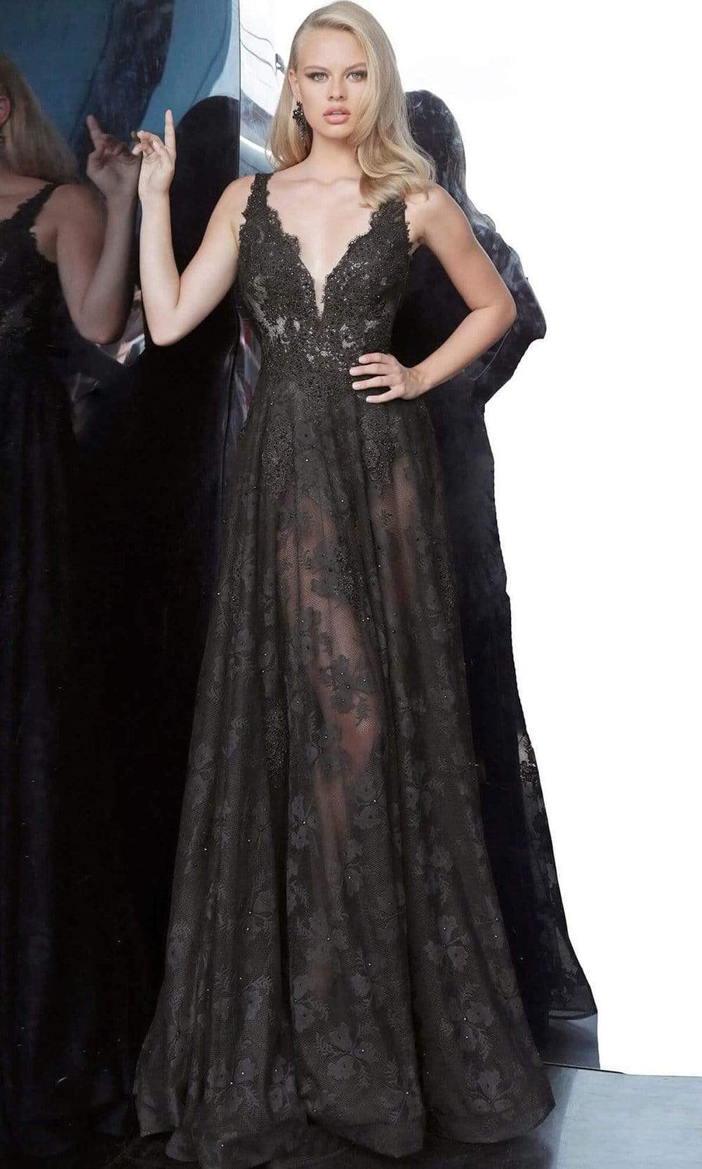 Jovani - Plunging V-Neck Lace Embroidered Gown JVN00877SC In Black