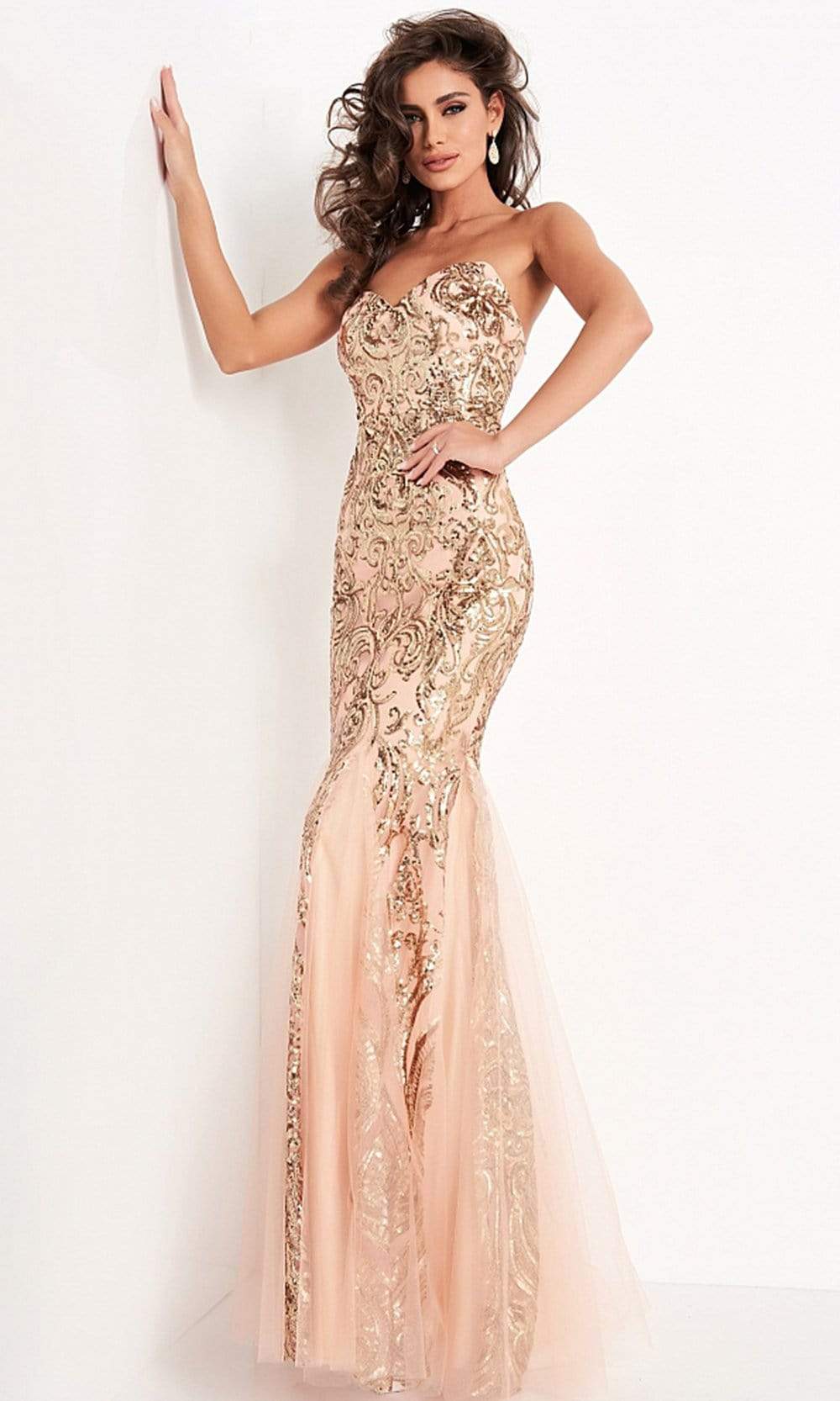 Jovani - JVN00954 Sequin Embellished Sweetheart Mermaid Gown Evening Dresses 00 / Rose/Gold