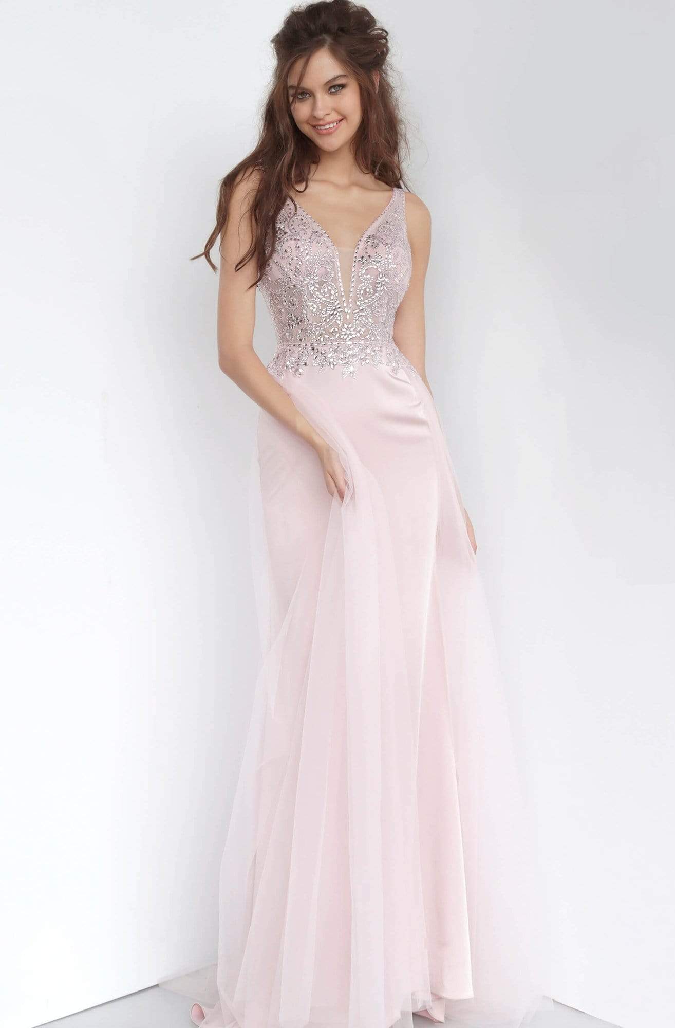Jovani - JVN02253 Ornate Plunging Bodice Long Overskirt Gown Evening Dresses 00 / Pink