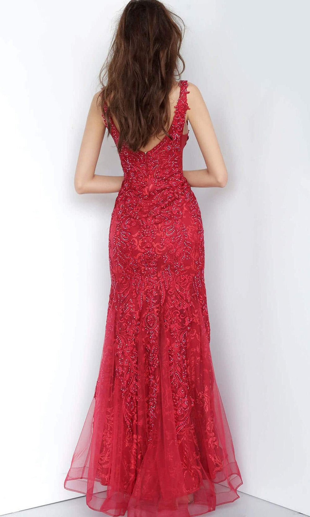 Jovani - JVN02319ASC Modified Neckline Lace Romantic Gown In Red