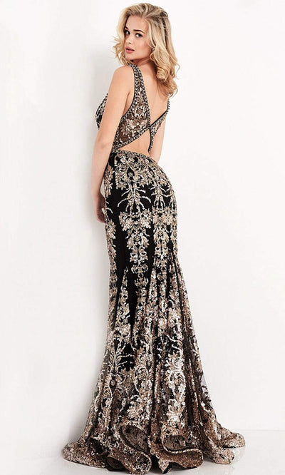 Jovani - Sleeveless Embroidered Long Gown JVN04789SC In Black and Gold