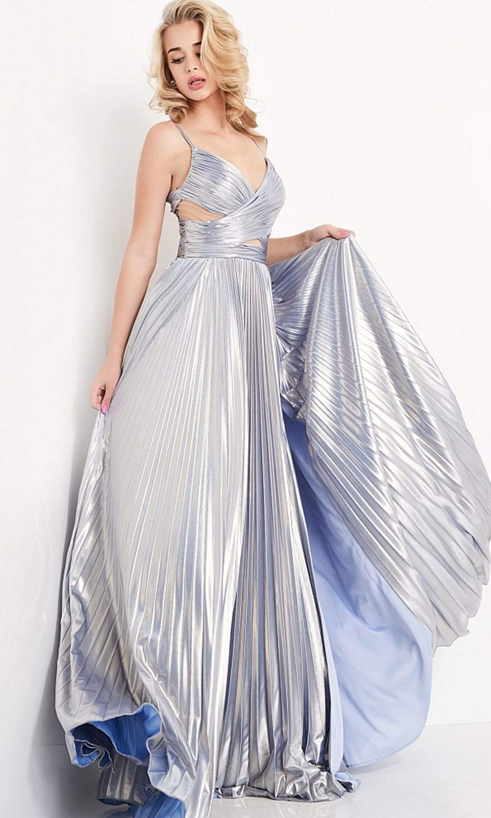 Jovani - Pleated Plunging V Neck A-Line Gown JVN04890SC In Blue