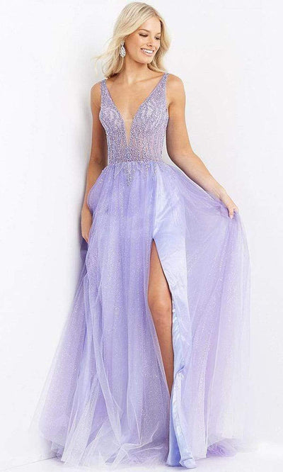 Jovani - JVN07387 Glittered Tulle Open Back A-line Dress Prom Dresses 00 / Purple