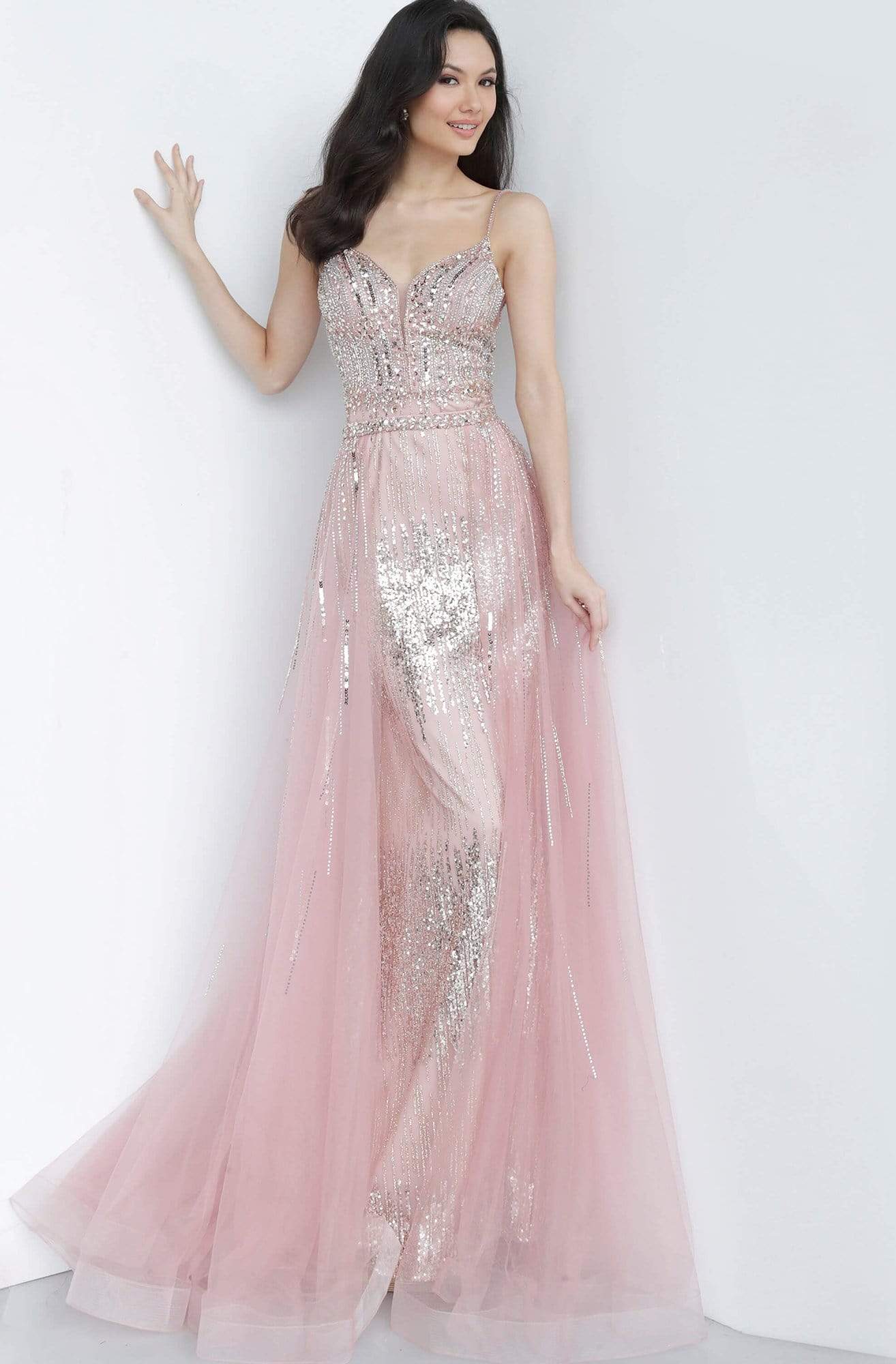 Jovani - JVN2151 Embellished Deep V-neck Dress With Overskirt Prom Dresses 00 / Peach