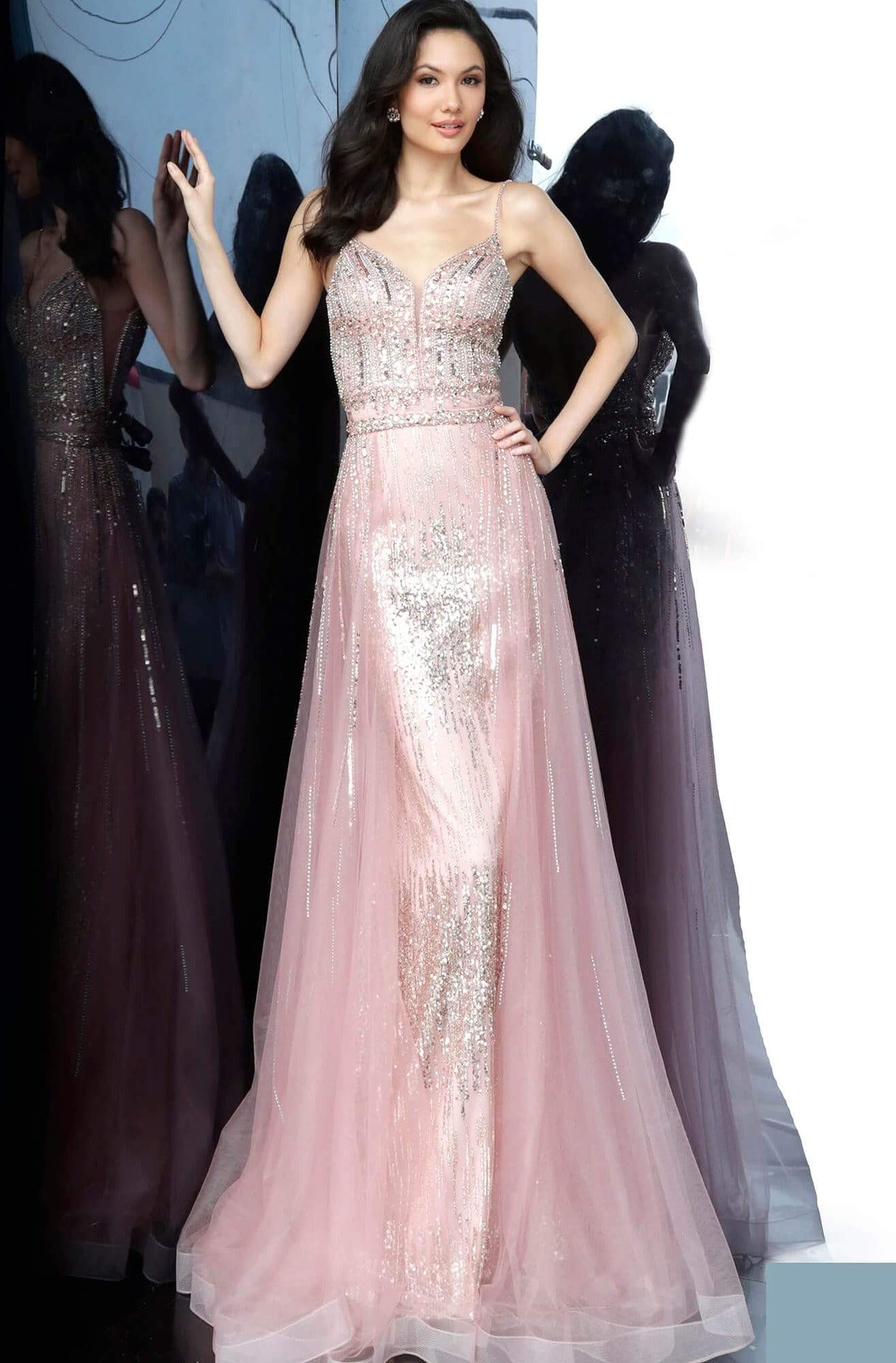 Jovani - JVN2151 Embellished Deep V-neck Dress With Overskirt Prom Dresses