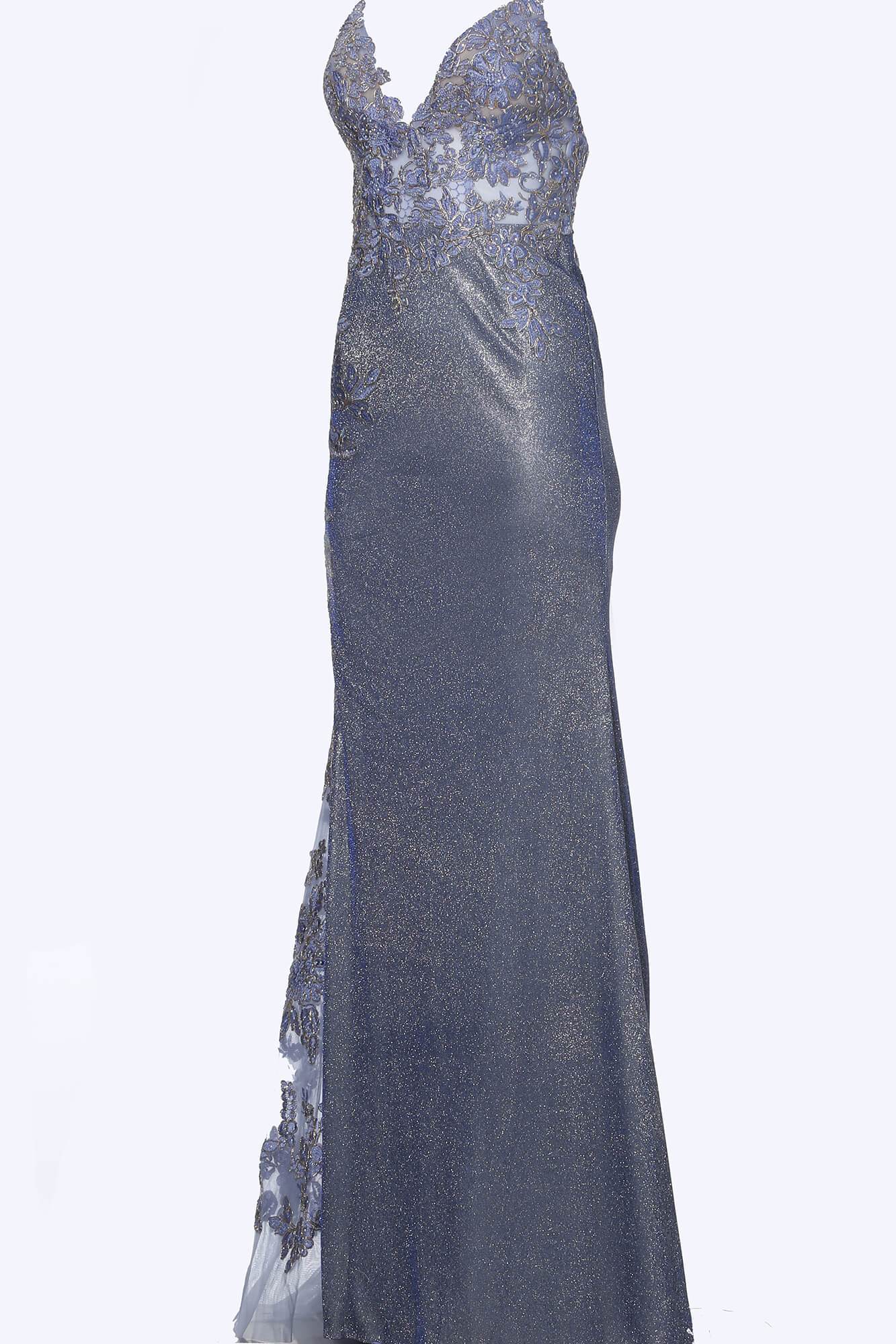 Jovani - JVN2205 Appliqued Illusion Glitter Sheath Gown Evening Dresses 00 / Periwinkle