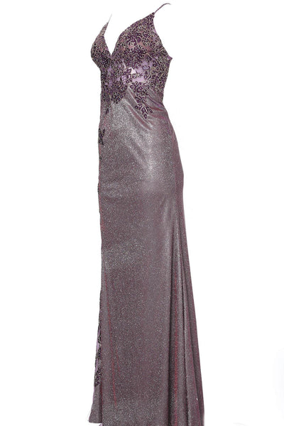 Jovani - JVN2205 Appliqued Illusion Glitter Sheath Gown Evening Dresses 00 / Purple