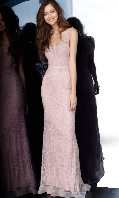 Jovani - JVN2237SC Sleeveless Deep V-Neck Embellished Long Gown In Pink