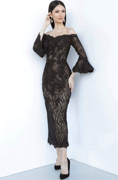 Jovani - JVN2241 Lace Off-Shoulder Tea Length Sheath Dress Evening Dresses 00 / Black