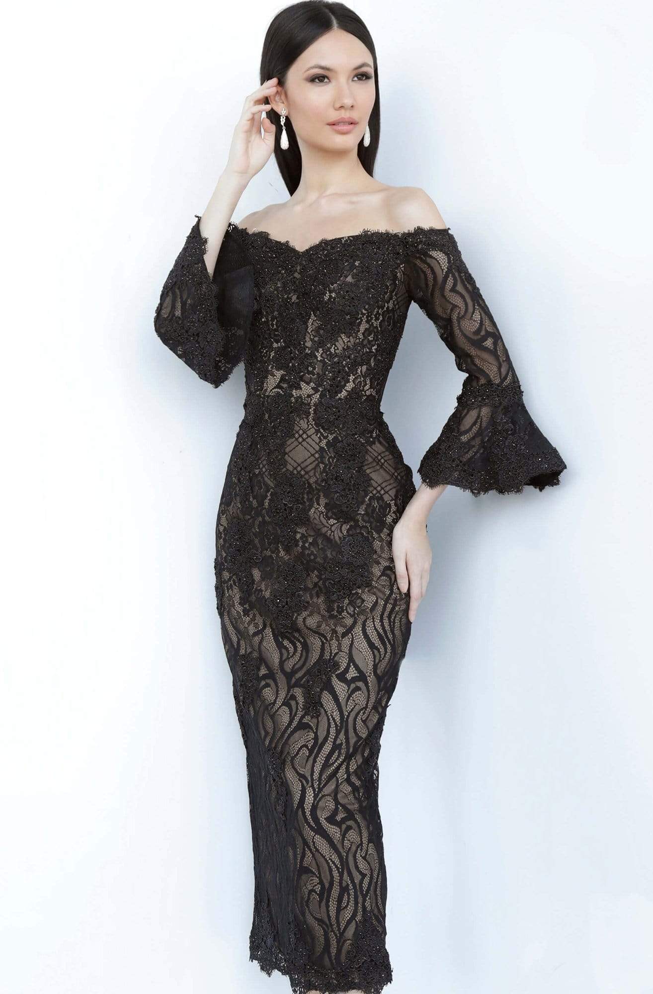Jovani - JVN2241 Lace Off-Shoulder Tea Length Sheath Dress Evening Dresses
