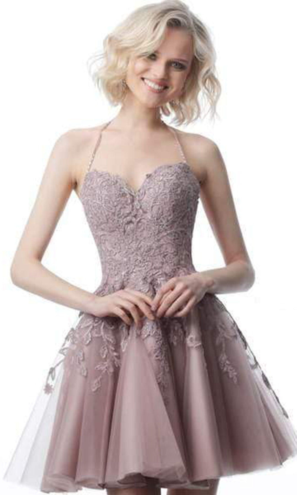 Jovani - JVN2298SC Sweetheart Floral Appliques Pleated Short Dress In Pink