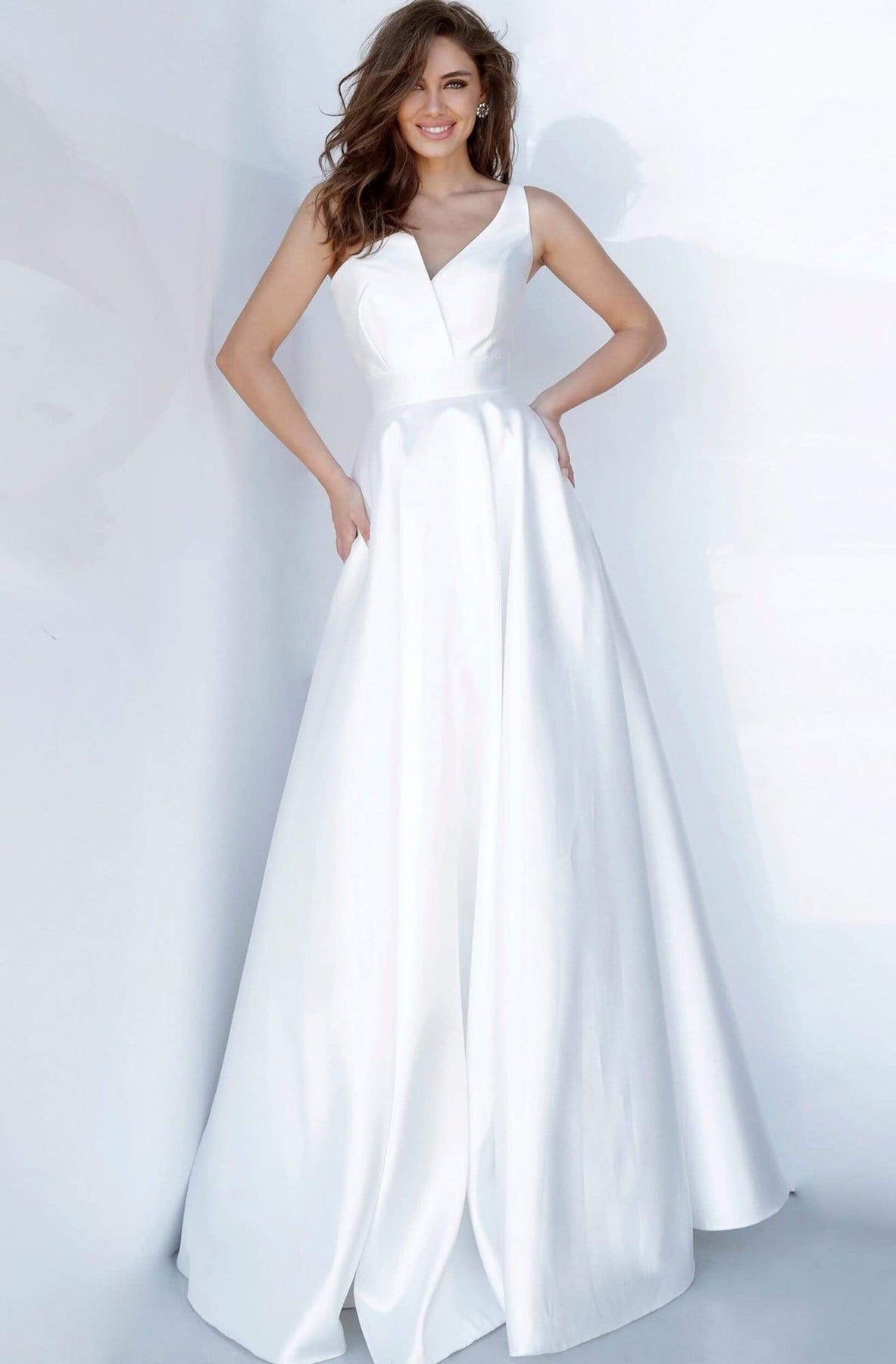 Jovani - JVN3930 Asymmetric Neck Mikado A-line Gown Wedding Dresses 00 / White
