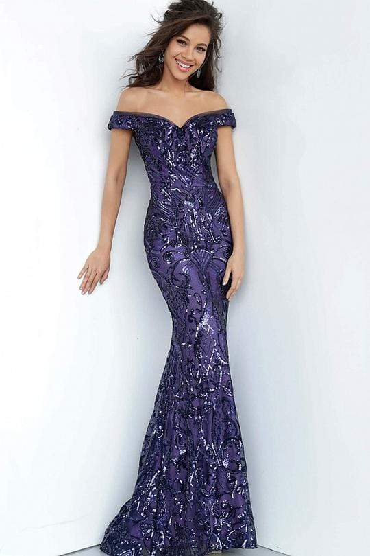 Jovani - JVN4296 Sequin Embellished Off-Shoulder Dress Evening Dresses 00 / Purple