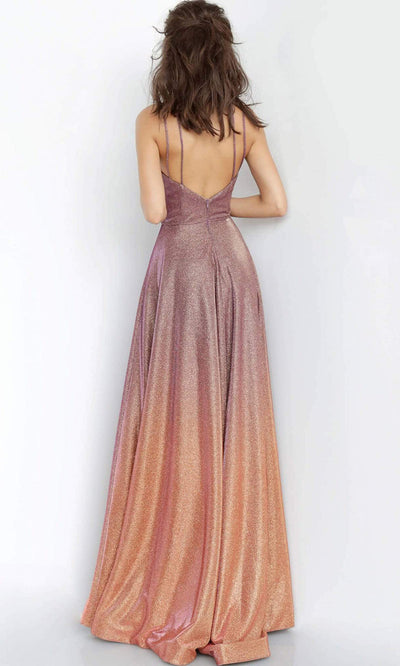 Jovani - Spaghetti Straps Metallic Long Gown With Slit JVN4327SC In Purple and Gold