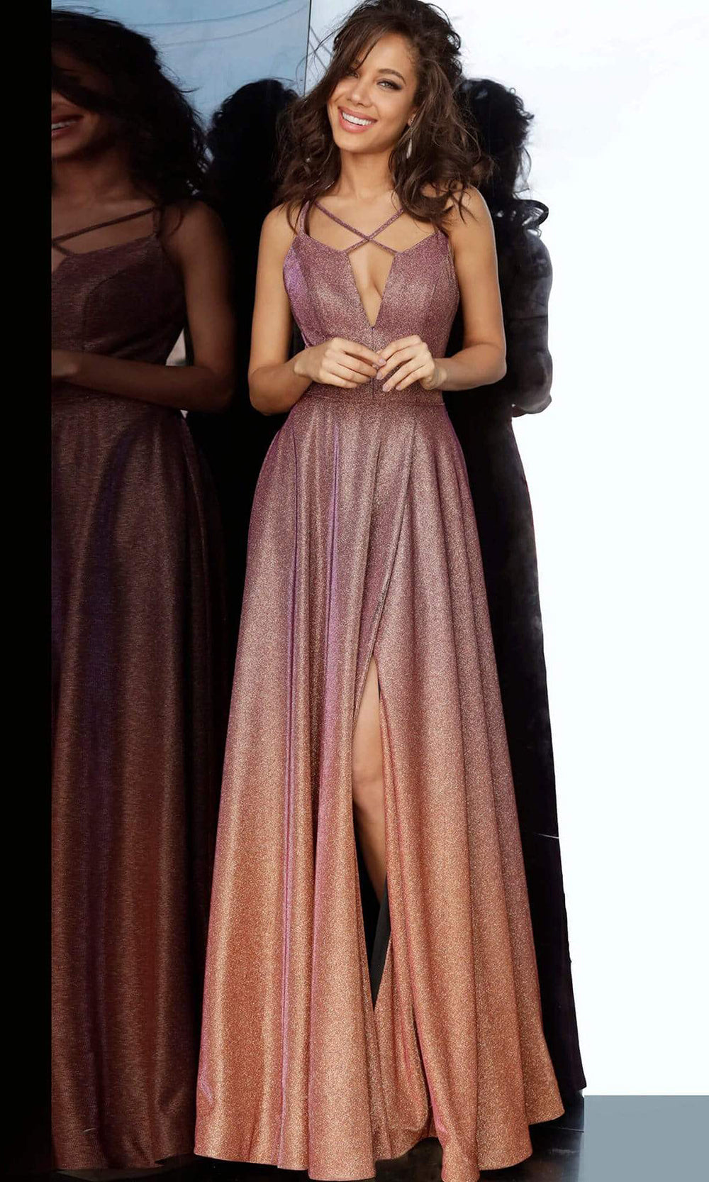 Jovani - Spaghetti Straps Metallic Long Gown With Slit JVN4327SC In Purple and Gold