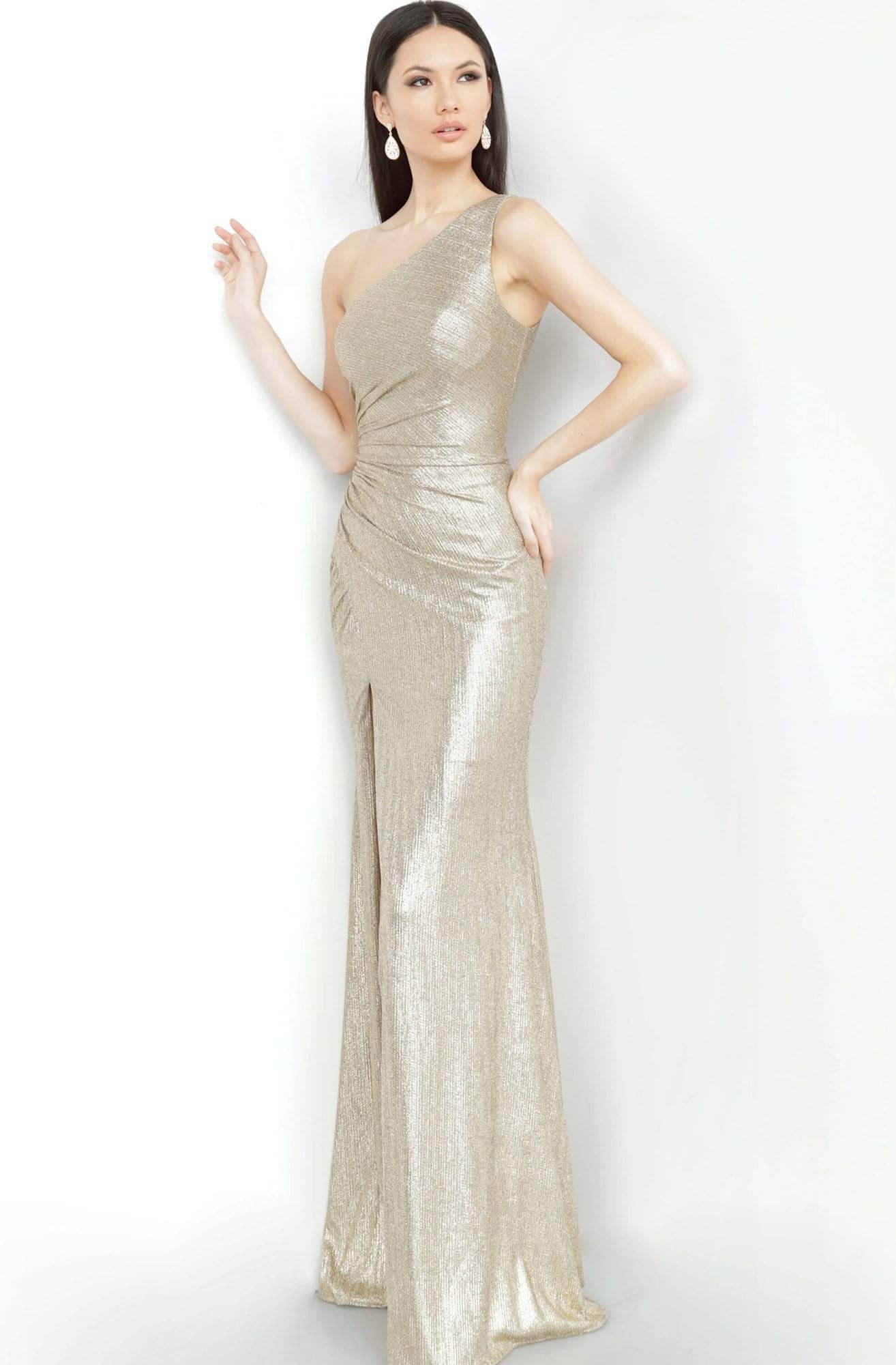 Jovani - JVN4734 Asymmetrical Ruched High Slit Gown Pageant Dresses 00 / Gold