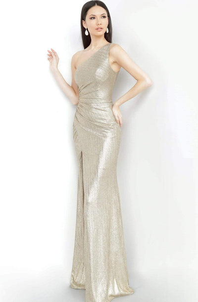 Jovani - JVN4734 Asymmetrical Ruched High Slit Gown Pageant Dresses 00 / Gold