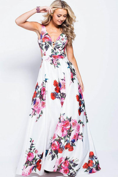 Jovani - JVN59146 V-neck Side Cutouts Floral A-line Gown in White and Multi-color