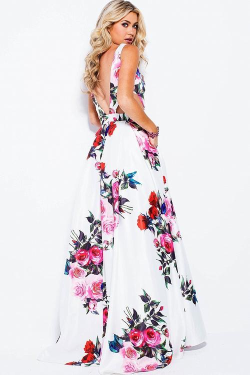 Jovani - JVN59146 V-neck Side Cutouts Floral A-line Gown in White and Multi-color