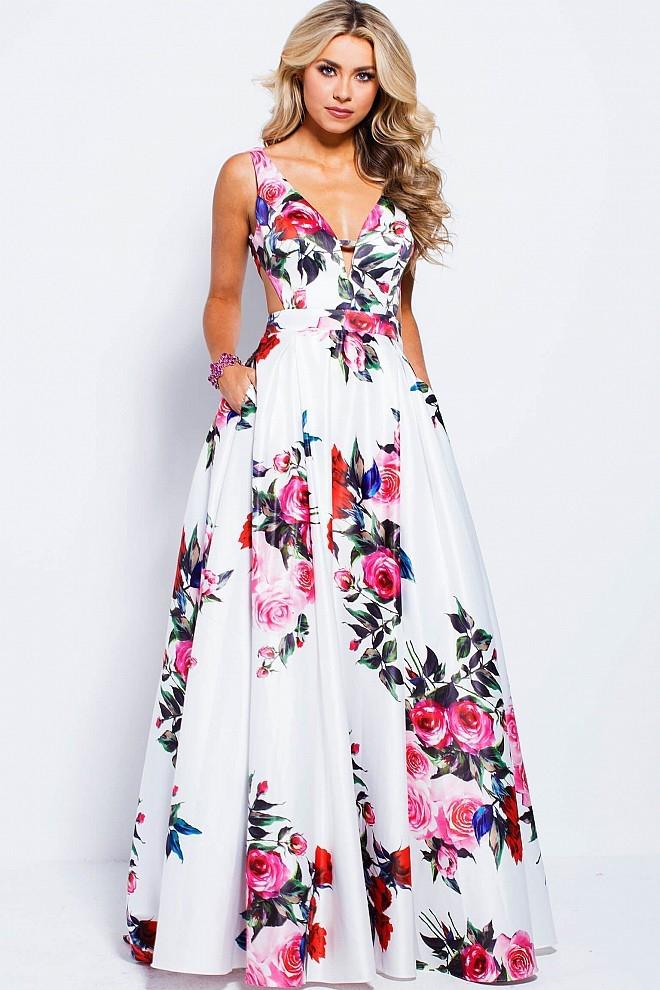 Jovani - JVN59146 V-neck Side Cutouts Floral A-line Gown in White and Multi-color