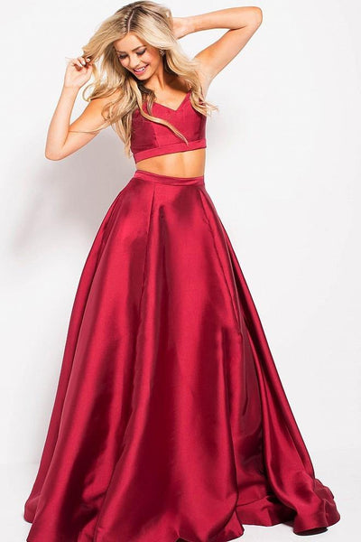 Jovani - JVN59636 Lace-Up Back Two-Piece Mikado Ballgown in Red