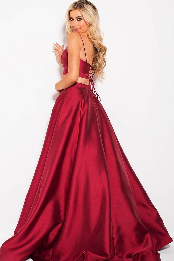 Jovani - JVN59636 Lace-Up Back Two-Piece Mikado Ballgown in Red